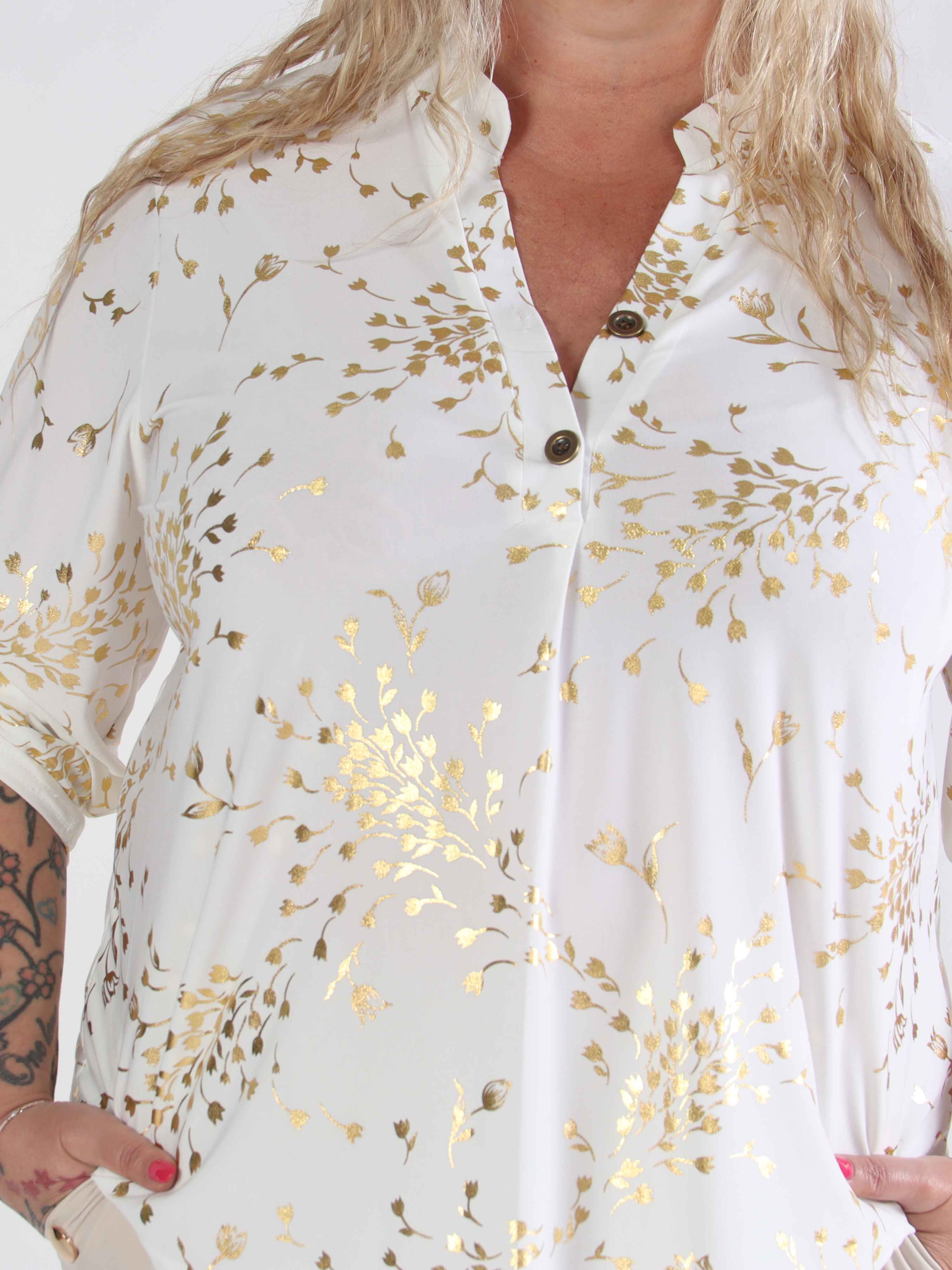 Ebba Gold Leaf Shirt - Elastisk plus size blus mönstrad med bladguld